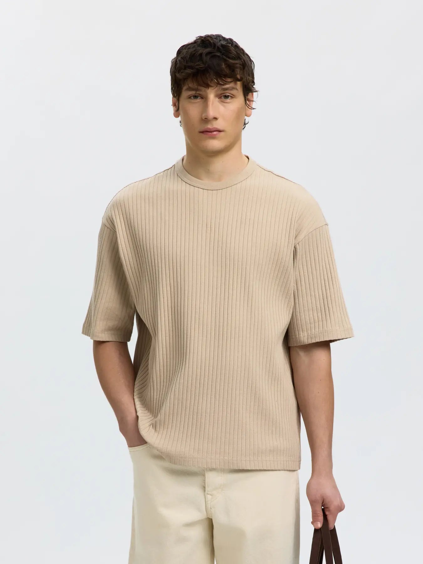 RIBBED SS T-SHIRT BEIGE | SELECTED HOMME