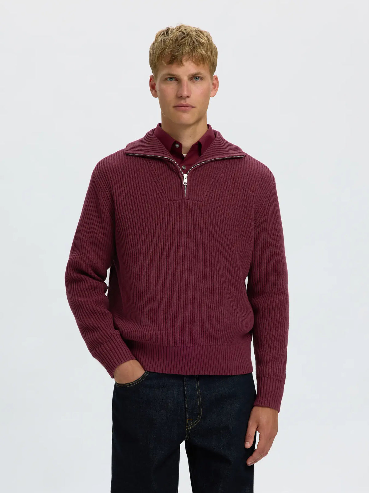 LS KNIT RELAXED HALF ZIP BORDEAUX