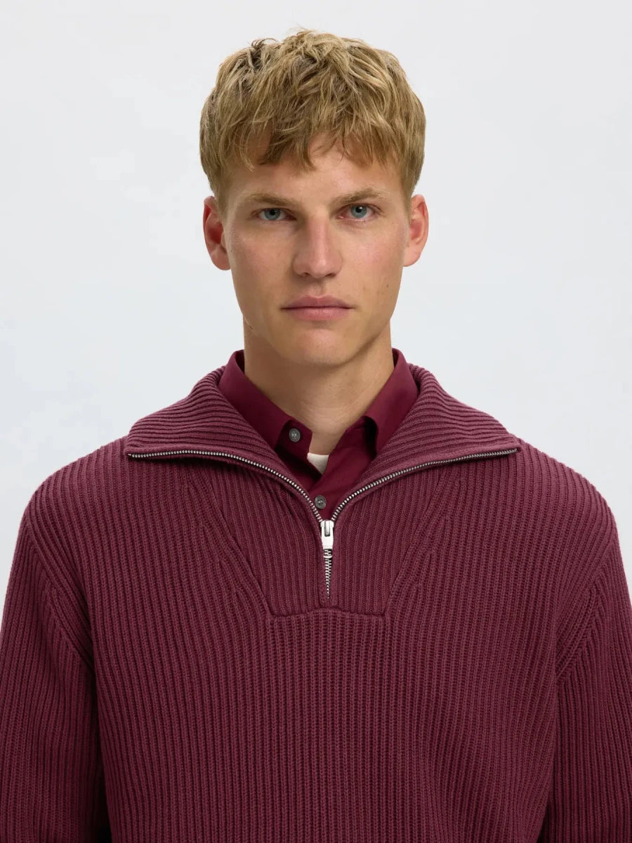 LS KNIT RELAXED HALF ZIP BORDEAUX | SELECTED HOMME