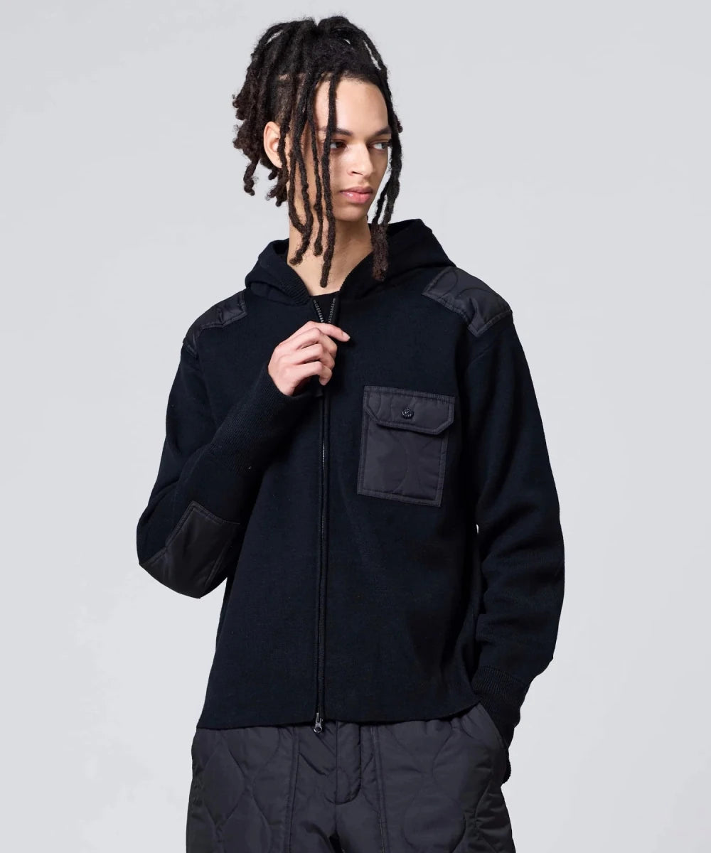 MILITARY HOODED W-ZIP KNIT BLACK | TAION