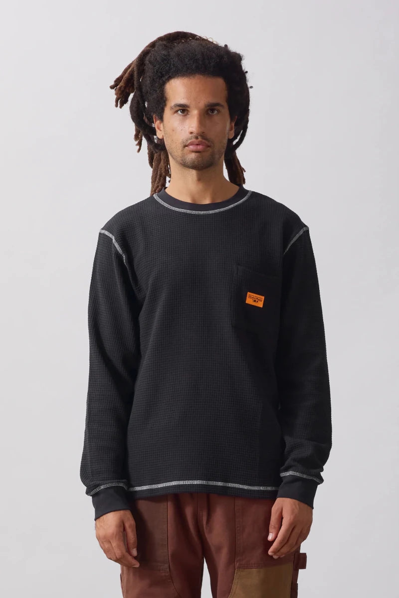 WAFFLE CONTRAST THERMAL LS T-SHIRT BLACK/WHITE | SERVICE WORKS