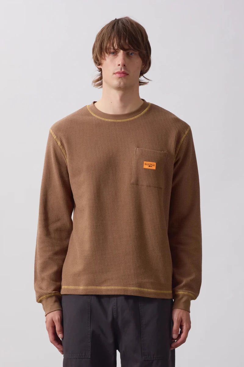 WAFFLE CONTRAST THERMAL LS T-SHIRT BROWN/YELLOW | SERVICE WORKS