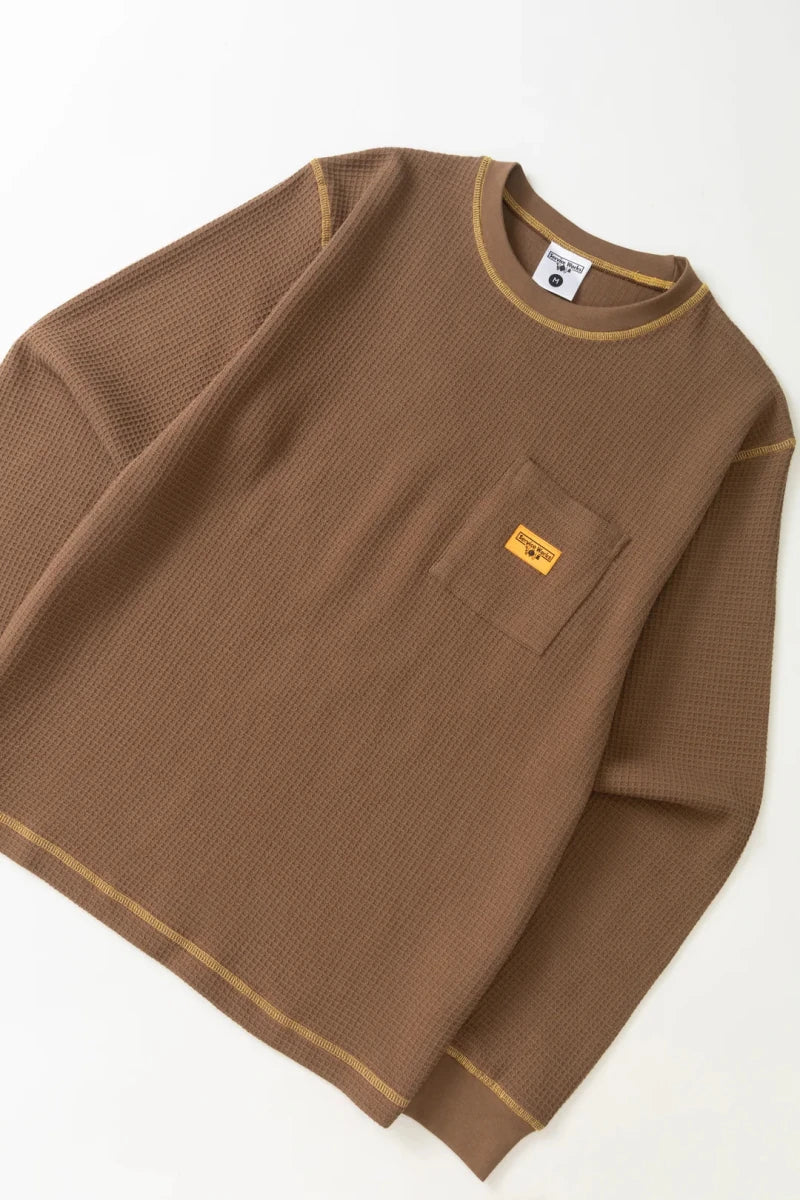 WAFFLE CONTRAST THERMAL LS T-SHIRT BROWN/YELLOW | SERVICE WORKS